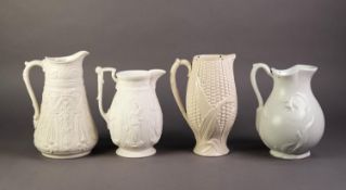 FOUR NINETEENTH CENTURY WHITE OR OFF WHITE GLAZED RELIEF MOULDED POTTERY JUGS, comprising: A ?