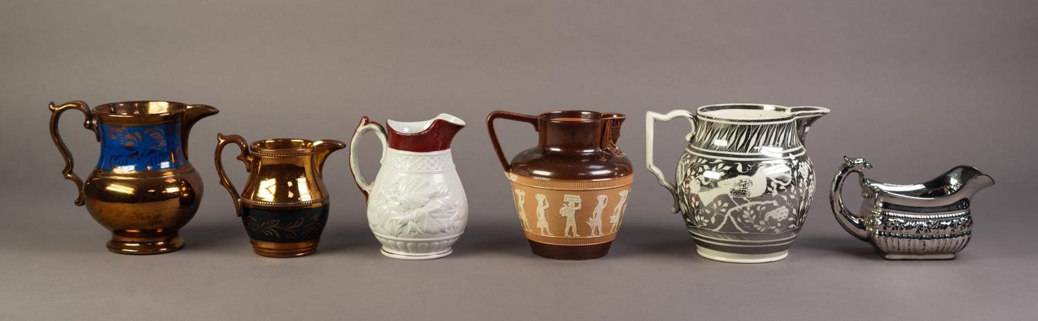 SIX NINETEENTH CENTURY POTTERY JUGS, comprising: a PROBABLY DOULTON SALT GLAZED EXAMPLE, APPLIED