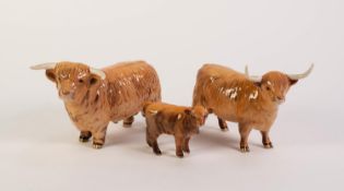 BESWICK POTTERY FAMILY OF LONGHORN HIGHLAND CATTLE, comprising: BULL (2008), COW (1740) and CALF (