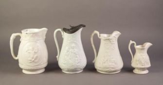 FOUR UNATTRIBUTED NINETEENTH CENTURY WHITE GLAZED AND POTTERY JUGS RELIEF MOULDED WITH FIGURES,