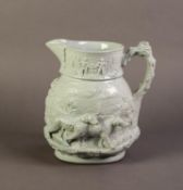 GOOD QUALITY NINETEENTH CENTURY MASONS RELIEF MOULDED POTTERY JUG IN PALE BLUE, moulded with game