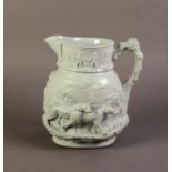 GOOD QUALITY NINETEENTH CENTURY MASONS RELIEF MOULDED POTTERY JUG IN PALE BLUE, moulded with game