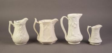 FOUR UNATTRIBUTED NINETEENTH CENTURY WHITE GLAZED AND RELIEF MOULDED POTTERY JUG, comprising: ONE