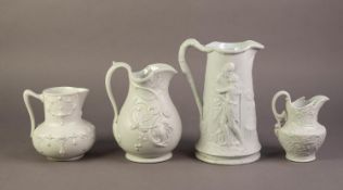 FOUR UNATTRIBUTED NINETEENTH CENTURY OFF WHITE GLAZED AND RELIEF MOULDED POTTERY JUGS, comprising: