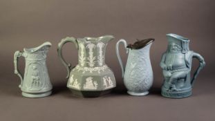 THREE NINETEENTH CENTURY BLUE GLAZED AND RELIEF MOULDED POTTERY JUGS, comprising: A LIDDED