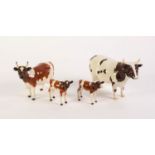 BESWICK POTTERY FAMILY OF AYRSHIRE CATTLE, comprising: ?WHITEHILL MANDATE? BULL (1454B), COW (