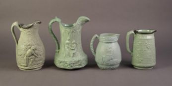 FOUR UNATTRIBUTED NINETEENTH CENTURY GREEN GLAZED AND RELIEF MOULDED POTTERY JUGS, comprising: a ?