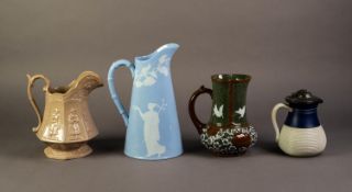 FOUR NINETEENTH CENTURY POTTERY JUGS, comprising: a BLUE AND WHITE ?PATENT MOSAIC? EXAMPLE BY T&R