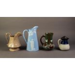 FOUR NINETEENTH CENTURY POTTERY JUGS, comprising: a BLUE AND WHITE ?PATENT MOSAIC? EXAMPLE BY T&R