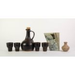 TREMAR STUDIO POTTERY FIVE PIECE DRINKS SET FOR FOUR PERSONS, comprising FLASK with cork stopper,