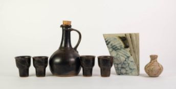 TREMAR STUDIO POTTERY FIVE PIECE DRINKS SET FOR FOUR PERSONS, comprising FLASK with cork stopper,