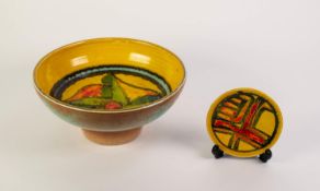 POOLE POTTERY DELPHIS PEDESTAL BOWL, the interior decorated in colours with a geometric design on