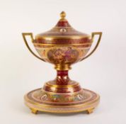 19th CENTURY VIENNA PORCELAIN FINELY DECORATED TWO HANDLED COVERED PEDESTAL VASE ON STAND, the