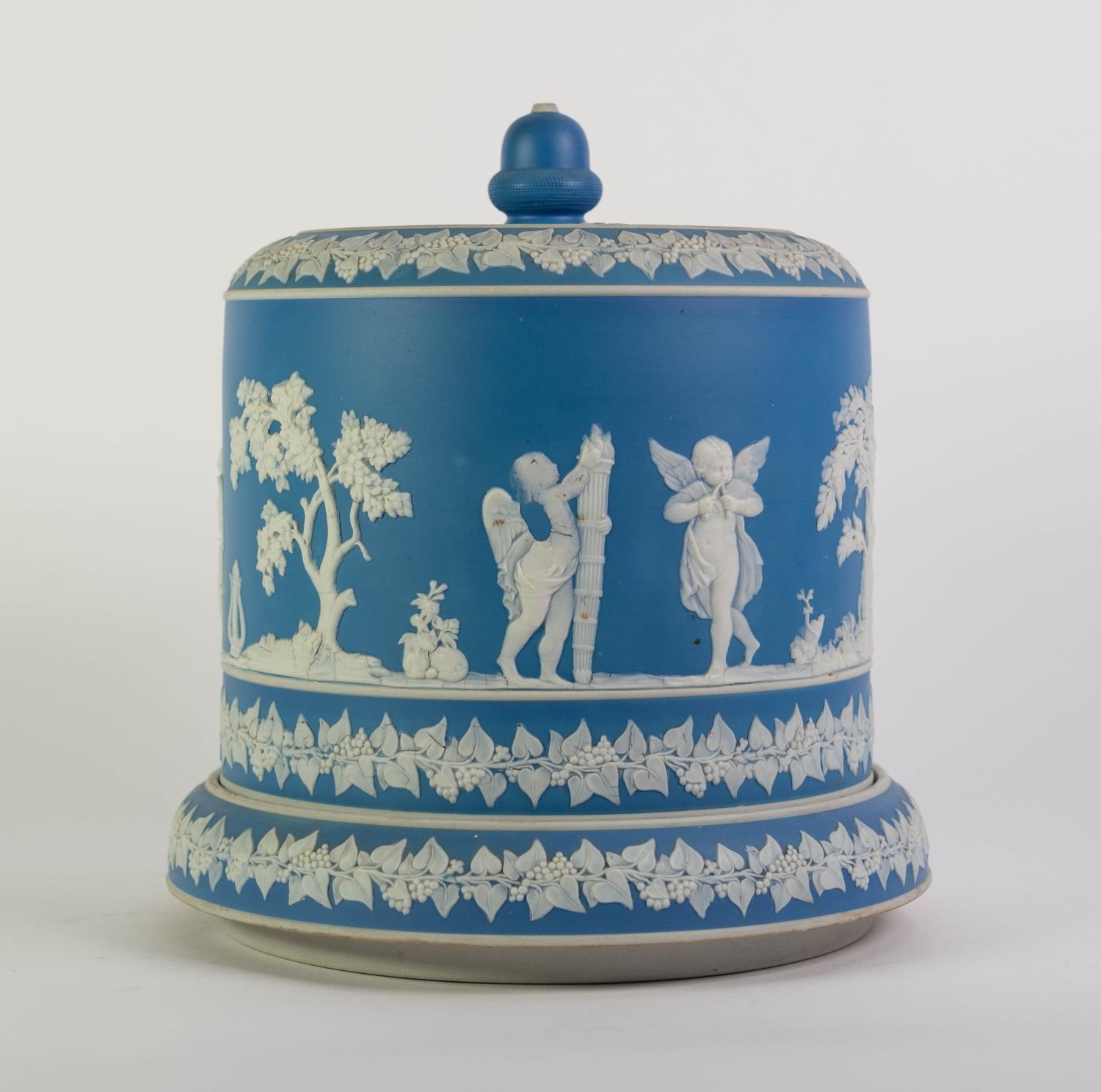 PROBABLY WEDGWOOD PALE BLUE DIPPED JASPERWARE POTTERY CHEESE DOME AND STAND, of typical form with - Image 3 of 3