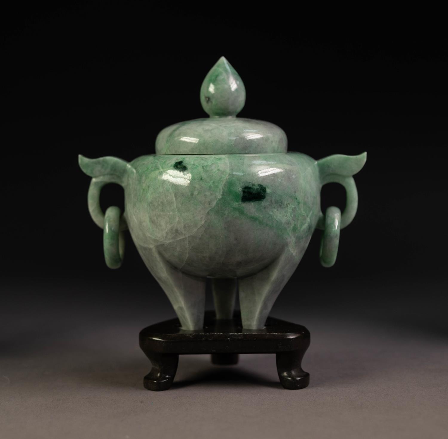 CHINESE PALE GREEN JADE CENSER with globular body, two ring and captive ring handles, low domed
