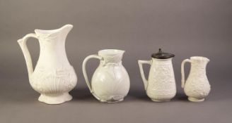 FOUR UNATTRIBUTED NINETEENTH CENTURY WHITE GLAZED AND RELIEF MOULDED POTTERY JUGS, comprising: ONE