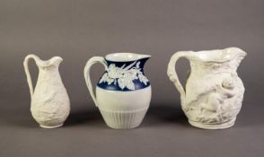 MINTONS OR ATTRIBUTED TO, TWO NINETEENTH CENTURY RELIEF MOULDED PARIAN JUGS, one moulded with