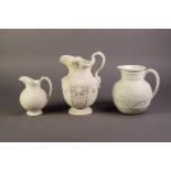 COPELAND OR ATTRIBUTED TO, THREE NINETEENTH CENTURY RELIEF MOULDED AND WHITE GLAZED POTTERY JUGS,