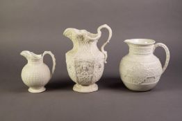 COPELAND OR ATTRIBUTED TO, THREE NINETEENTH CENTURY RELIEF MOULDED AND WHITE GLAZED POTTERY JUGS,