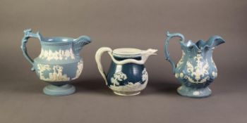 CHRYSANTHEMUM FACTORY, TWO NINETEENTH CENTURY MOULDED POTTERY JUGS AND BLUE AND WHITE, one of footed