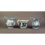 CHRYSANTHEMUM FACTORY, TWO NINETEENTH CENTURY MOULDED POTTERY JUGS AND BLUE AND WHITE, one of footed