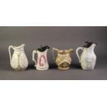 FOUR NINETEENTH CENTURY RELIEF MOULDED POTTERY JUGS, comprising: A LIDDED EXAMPLE IN PINK AND WHITE,