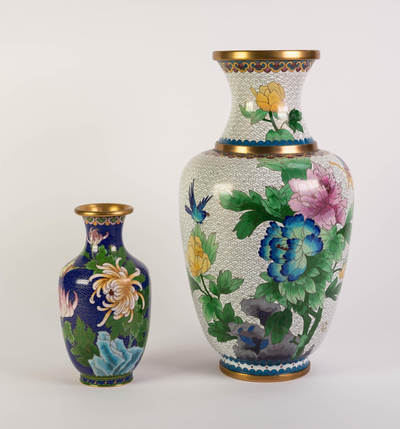 MODERN ORIENTAL CLOISONNE VASE, of baluster form with waisted neck, decorated in colours with a bird