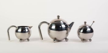 STYLISH MODERN STAINLESS STEEL THREE PIECE BULLET SHAPED TEASET, with drawn handles and ball feet,