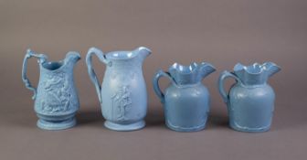 FOUR UNATTRIBUTED NINETEENTH CENTURY BLUE GLAZED AND RELIEF MOULDED POTTERY JUGS, comprising TWO