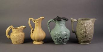 FOUR NINETEENTH CENTURY RELIEF MOULDED POTTERY JUGS, comprising, TWO BUFF GLAZED EXAMPLES, ONE