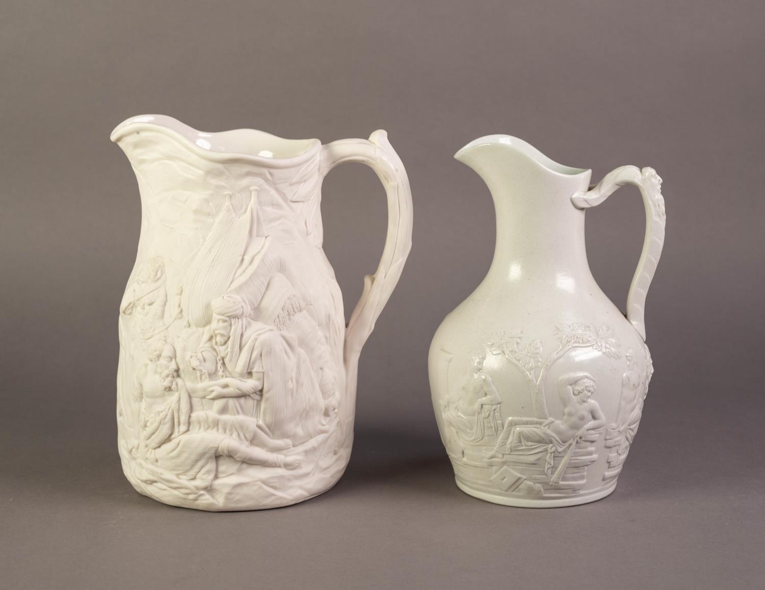 TWO UNATTRIBUTED NINETEENTH CENTURY WHITE GLAZED AND RELIEF MOULDED POTTERY JUGS, comprising: ONE - Image 2 of 2