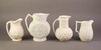 FOUR UNATTRIBUTED NINETEENTH CENTURY WHITE GLAZED AND RELIEF MOULDED POTTER JUGS, comprising: AN