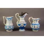 CHARLES MEIGH OR ATTRIBUTED TO, THREE NINETEENTH CENTURY RELIEF MOULDED POTTERY JUGS IN BLUE AND