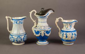 CHARLES MEIGH OR ATTRIBUTED TO, THREE NINETEENTH CENTURY RELIEF MOULDED POTTERY JUGS IN BLUE AND