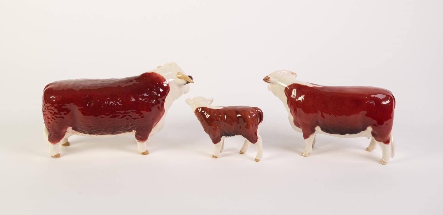 BESWICK POTTERY FAMILY OF HEREFORD CATTLE, comprising: ?CHAMPION OF CHAMPIONS? BULL (136A), COW ( - Image 2 of 2