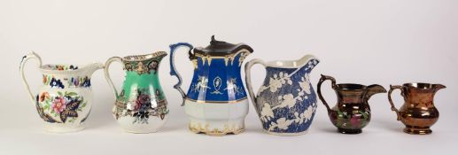 FOUR VICTORIAN POTTERY JUGS, including a lidded example printed with griffins, and a floral