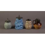 UNATTRIBUTED NINETEENTH CENTURY BLUE GLAZED AND LIDDED SMALL TOBY JUG, together with THREE