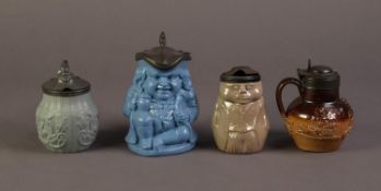 UNATTRIBUTED NINETEENTH CENTURY BLUE GLAZED AND LIDDED SMALL TOBY JUG, together with THREE