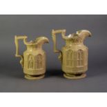 TWO CHARLES MEIGH NINETEENTH CENTURY ?GOTHIC? RELIEF MOULDED BUFF GLAZED POTTERY JUGS, the lager