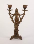 ART NOUVEAU GILT METAL FIGURAL TWO LIGHT CANDELABRUM, modelled as a maiden holding two branches, o a