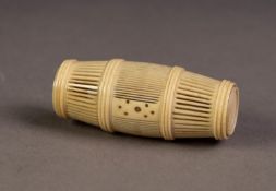 CHINESE ANTIQUE IVORY CRICKET CAGE, barrel shaped with screw-off top, finely pierced bars to the