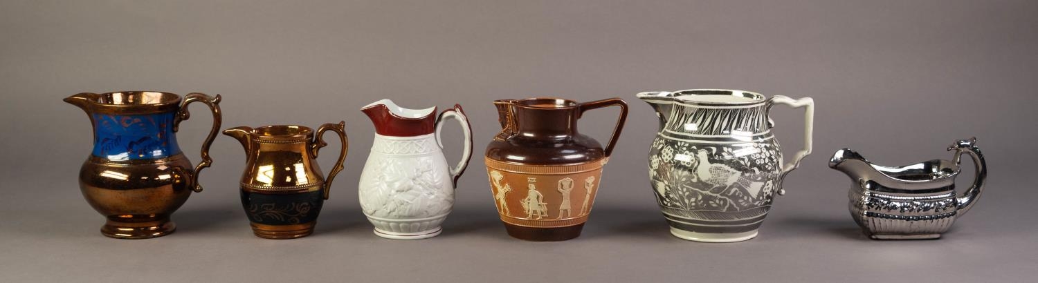 SIX NINETEENTH CENTURY POTTERY JUGS, comprising: a PROBABLY DOULTON SALT GLAZED EXAMPLE, APPLIED - Image 2 of 2