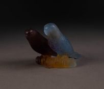 MODERN DAUM PURPLE, BLUE AND YELLOW MOULDED GLASS MODEL OF TWO BUDGERIGARS, 3? (7.7cm) high,