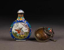 CANTON ENAMELLED ON BRONZE SNUFF BOTTLE AND STOPPER, moon flask shaped, painted each side in a