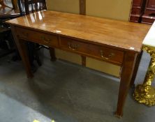 A MAHOGANY OBLONG WRITING TABLE, ON SQUARE TAPERING LEGS, FITTED WITH TWO FRIEZE DRAWERS, 4'6" x 2'