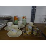 A SET OF THREE SHELLEY WHITE CHINA COFFEE CUPS, 3 SAUCERS, A PAIR OF SHELLEY GREEN AND ORANGE