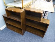 TWO SMALL MAHOGANY STEP TOPPED THREE TIER OPEN BOOKCASES, 2?3? WIDE  (2)