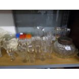 A CUT GLASS ROSE BOWL WITH WIRE GRILLE AND MISCELLANEOUS CUT GLASS WINES AND SUNDRY WINE GLASSES AND