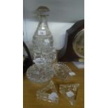 19TH CENTURY CUT GLASS BARREL SHAPE DECANTER AND STOPPER AND OTHER SMALL CUT GLASS ITEMS VARIOUS