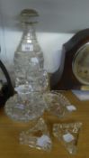 19TH CENTURY CUT GLASS BARREL SHAPE DECANTER AND STOPPER AND OTHER SMALL CUT GLASS ITEMS VARIOUS